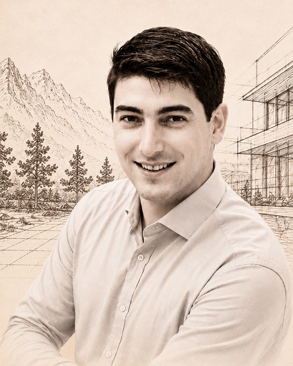 Lucas Taillefer, architecte DE HMONP, devant un croquis d’architecture et un paysage de montagne
