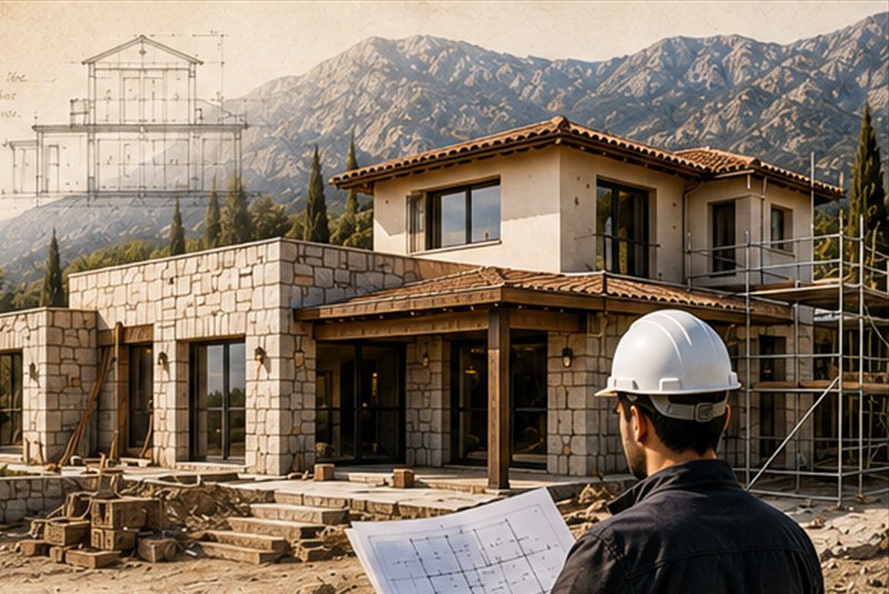 Architecte plan en main devant une maison en cours de construction, échafaudages et maçonnerie en pierre