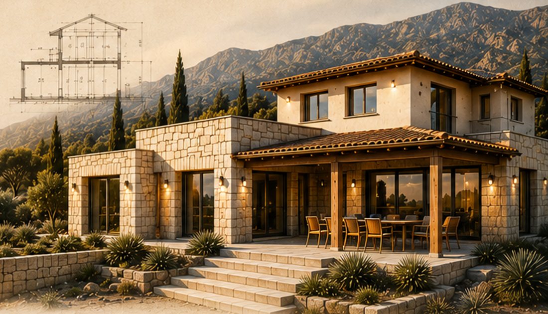 Villa livrée en fin de journée, terrasse couverte et façades en pierre