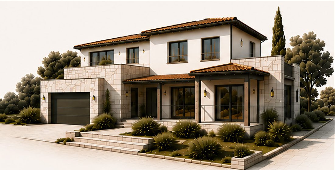 Perspective d’une maison en avant-projet définitif, façades en pierre et enduit clair