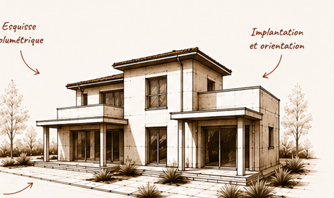 Esquisse volumétrique d’une maison, annotée implantation et orientation