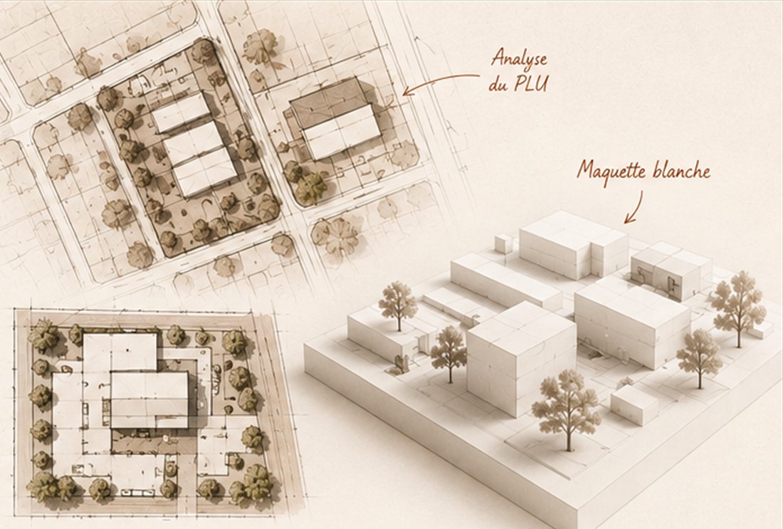 Plan masse, analyse du PLU et maquette blanche d’une étude de faisabilité