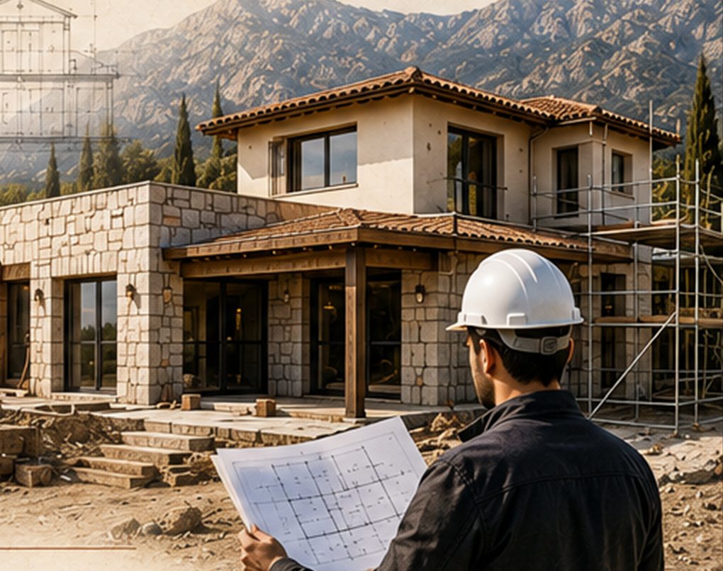 Architecte plan en main devant une maison en cours de construction